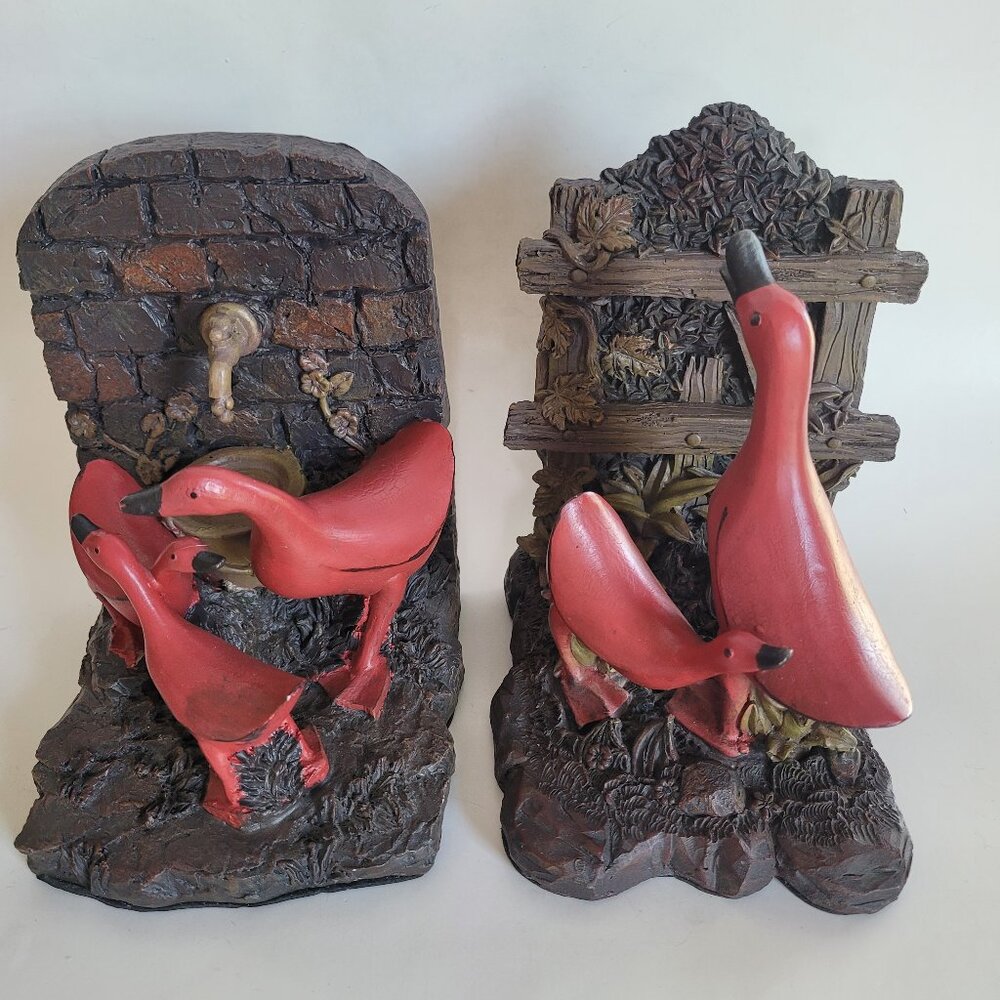 Vintage Bookends Red Ducks Geese Resin Rare Set of 2